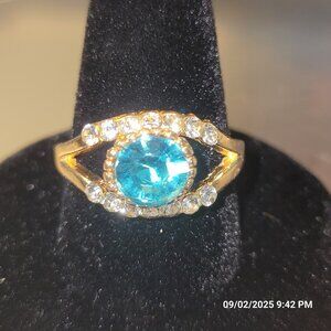 Aquamarine Fashion Ring Diamond Gemstones Gold Tone Size 9.5
